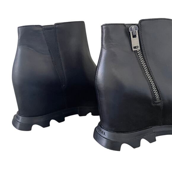 Sorel Joan of Arctic Wedge III Zip Boot Black Leather 10 Wide Chic Edgy - Picture 4 of 11